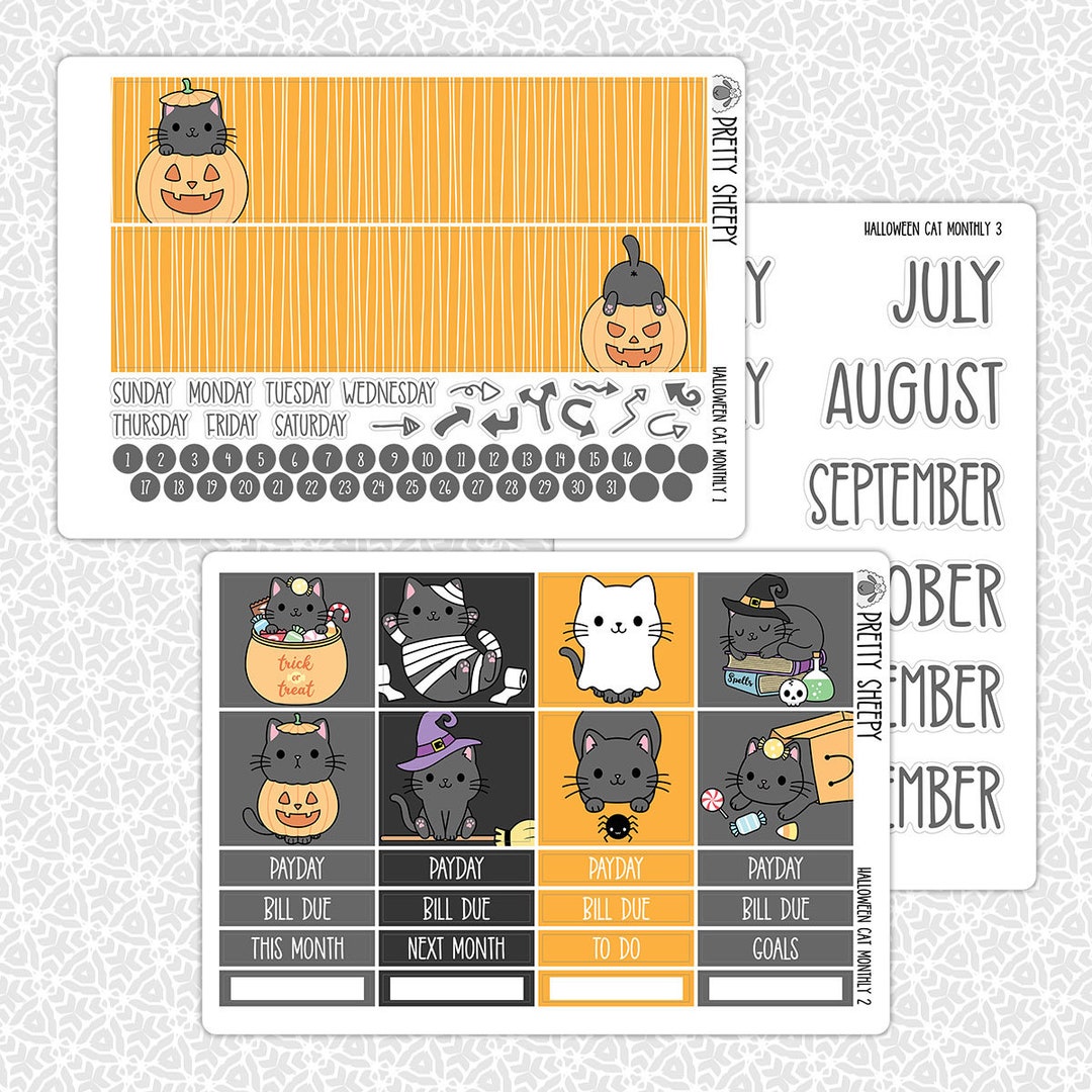 Monthly Planner Stickers Halloween Cat | October Monthly Kit for Erin ...
