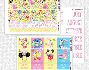 May include: A set of Easter-themed planner stickers featuring Disney characters. The stickers are on a white background with yellow, pink, and blue accents. The stickers include a calendar, a weekly planner, and a monthly planner. The stickers feature Mickey Mouse, Minnie Mouse, Stitch, and Winnie the Pooh.