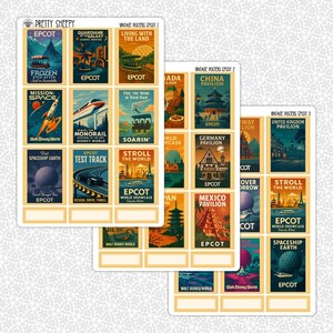 May include: Three sticker sheets featuring vintage-style Epcot posters. Each sheet contains multiple rectangular designs with illustrations of attractions like Frozen, Mission: Space, and various World Showcase pavilions, including text labels for each.