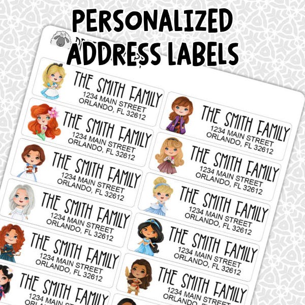 Address Labels PERSONALIZED Princesses | Custom Return Address Stickers Envelope Cards Choose Your Font