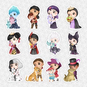 May include: A collection of colorful cartoon stickers featuring various characters. Each sticker depicts a character holding a small animal or object. The characters are dressed in detailed costumes, and the stickers have a white border.