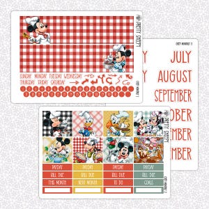 May include: Planner stickers featuring Mickey Mouse and friends in chef attire. The stickers include monthly labels, date circles, and decorative elements with a red and white checkered pattern. Text includes "Payday", "Bill Due", and month names.