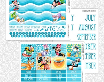 May include: A set of colorful planner stickers featuring Mickey Mouse and other Disney characters enjoying a beach vacation. The stickers include a calendar grid, monthly tabs, and boxes for bill due, payday, to do, and goals. The stickers are designed for use in a planner or journal.
