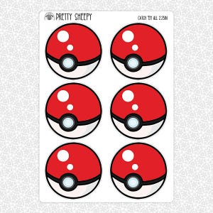 May include: A sticker sheet featuring six circular red and white ball-shaped designs with black outlines and a central button detail. The top of the sheet displays the text Pretty Sheepy and Catch 'Em All 2.25in, indicating the size of the stickers.