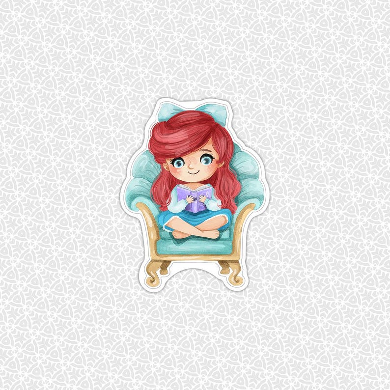 Die Cut Sticker Bookworm Princess Ariel | Cozy Little Mermaid Vinyl Sticker Decal Waterproof Water Bottle Laptop Phone Case Kindle Sticker image 2