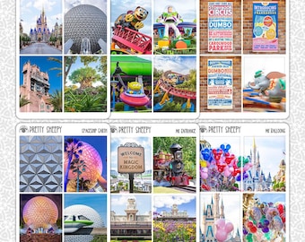 Hoja de pegatinas WDW Pegatinas fotográficas / Cajas completas Planificador de viajes a parques Magic Kingdom Epcot Studios Planificación Bullet Journal Álbum de recortes Pretty Sheepy