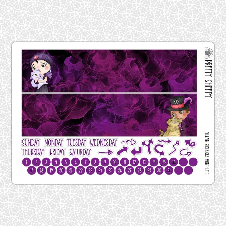 Pegatinas de planificador mensual Villain Sidekicks / Villanos Kit mensual para planificadores Erin Condren ¡Elige cualquier mes! Sheet 1 - Header