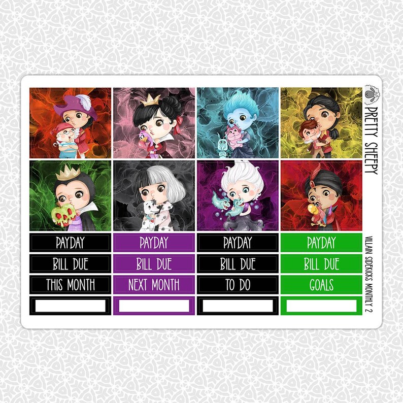 Pegatinas de planificador mensual Villain Sidekicks / Villanos Kit mensual para planificadores Erin Condren ¡Elige cualquier mes! Sheet 2 - Boxes