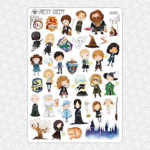 May include: A sheet of stickers featuring characters and symbols from the Harry Potter universe. The stickers are illustrated in a watercolor style and include characters like Harry Potter, Hermione Granger, Ron Weasley, and Dumbledore. There are also stickers of the Hogwarts houses, the Hogwarts Express, and other iconic symbols from the books and movies.
