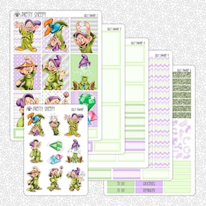 May include: A set of planner stickers featuring illustrations of the character "Silly Dwarf" from Snow White. The stickers include various poses of the dwarf, along with gems, hats, and other decorative elements. The text "Pretty Sheepy" and "Silly Dwarf" are visible.
