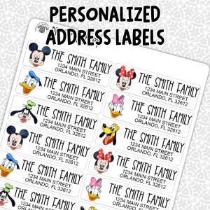 May include: Sheet of personalized address labels featuring cartoon characters. Each label includes the family name and address. The labels have images of Mickey Mouse, Minnie Mouse, Donald Duck, Daisy Duck, and Goofy.