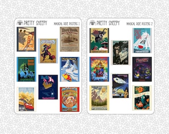 May include: Two sets of "Pretty Sheepy Magical Ride Posters" stickers. The first set includes posters for "Soarin", "Pirates of the Caribbean", "Dark Train Riverboat", "Matterhorn", "Fantasyland". The second set includes posters for "Adventureland", "Tower of Terror", "Space Mountain", "Star Tours".