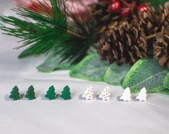 Christmas Tree Stud Earring / Pine Tree Clay Earring / Holiday Polymer Clay Earring / Holiday Teacher Gift / White Christmas Tree Earring