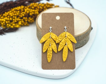 Golden Yellow Drop Earring / Fall Floral Polymer Clay Dangle Earring / Statement Clay Earrings / Gift for Her / Tiered Dangle Earring