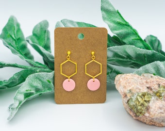 Pink Clay Earring / Gold Hexagon Dangle / Pink and Gold Polymer Clay Earring / Dainty Dangle Earring