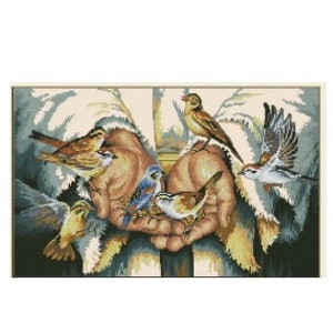 May include: A painting of a person's hands holding a group of small birds. The birds are brown, blue, and white. The person's hands are surrounded by a light brown background.