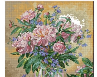 Beautiful Peonies and Canterbury Bells Bouquet in Glass Vase Cross Stitch Pattern – Floral Still Life Design – Instant Digital PDF Download