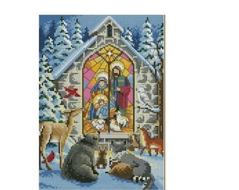 May include: A stained glass window depicting the Nativity scene with Mary, Joseph, and baby Jesus. The window is set in a wooden frame and surrounded by a snowy forest. Animals, including a deer, a bear, and a fox, are gathered around the window.