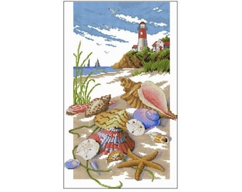 Patrón de punto de cruz "Tesoros del Mar": Faro, conchas y vista al mar (descarga instantánea en PDF)