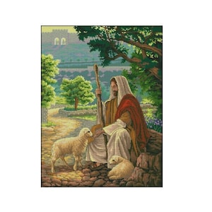 Könnte beinhalten: Ein Gemälde eines Mannes in einem weißen Gewand und einem roten Umhang, der mit zwei weißen Lämmern sitzt. Er hält einen Stab und schaut die Lämmer an. Der Hintergrund ist eine grüne Landschaft mit Bäumen und einem Weg.