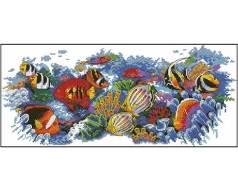 Tropical Sea Ocean Fish Gathering Cross Stitch Pattern – Colorful Marine Life Design – Instant Digital PDF Download