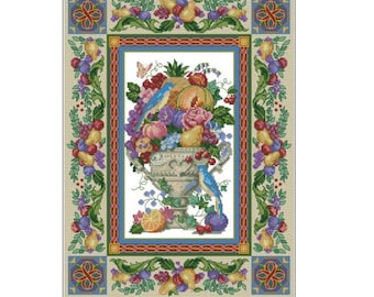 Elegant Tapestry Cross Stitch Pattern – Beautiful Vase with Birds and Fruits Design – Instant Digital PDF Download