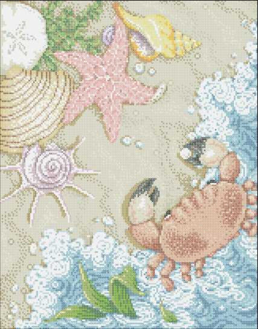 Crab, Seashell & Seastar Beach Ocean Cross Stitch Pattern – Coastal ...