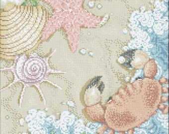 Crab, Seashell & Seastar Beach Ocean Cross Stitch Pattern – Coastal Nature Design – Instant Digital PDF Download