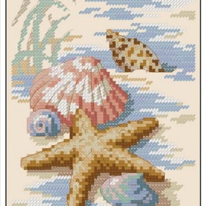 Può includere: Un disegno a punto croce con una stella marina, conchiglie e una vongola su una spiaggia sabbiosa. L'opera d'arte utilizza sfumature di beige, rosa, blu e verde per rappresentare l'oceano e i suoi abitanti. Il design evoca un tema costiero.