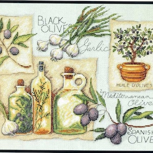 Taste of the Mediterranean Cross Stitch Pattern – Olives, Herbs, Lavender Vintage Design – Instant Digital PDF Download