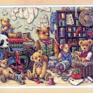 May include: A vintage-style sewing shop with a variety of teddy bears, a sewing machine, and a basket of buttons. The shop is decorated with fabric scraps and other sewing supplies.