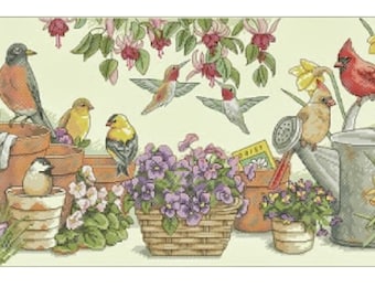 Garden Birds Friends Cross Stitch Pattern – Nature & Birdwatching Design – Instant digital PDF Download