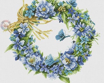 Blue Floral spring wreath with butterfly Cross Stitch Pattern | Instant Digital PDF download