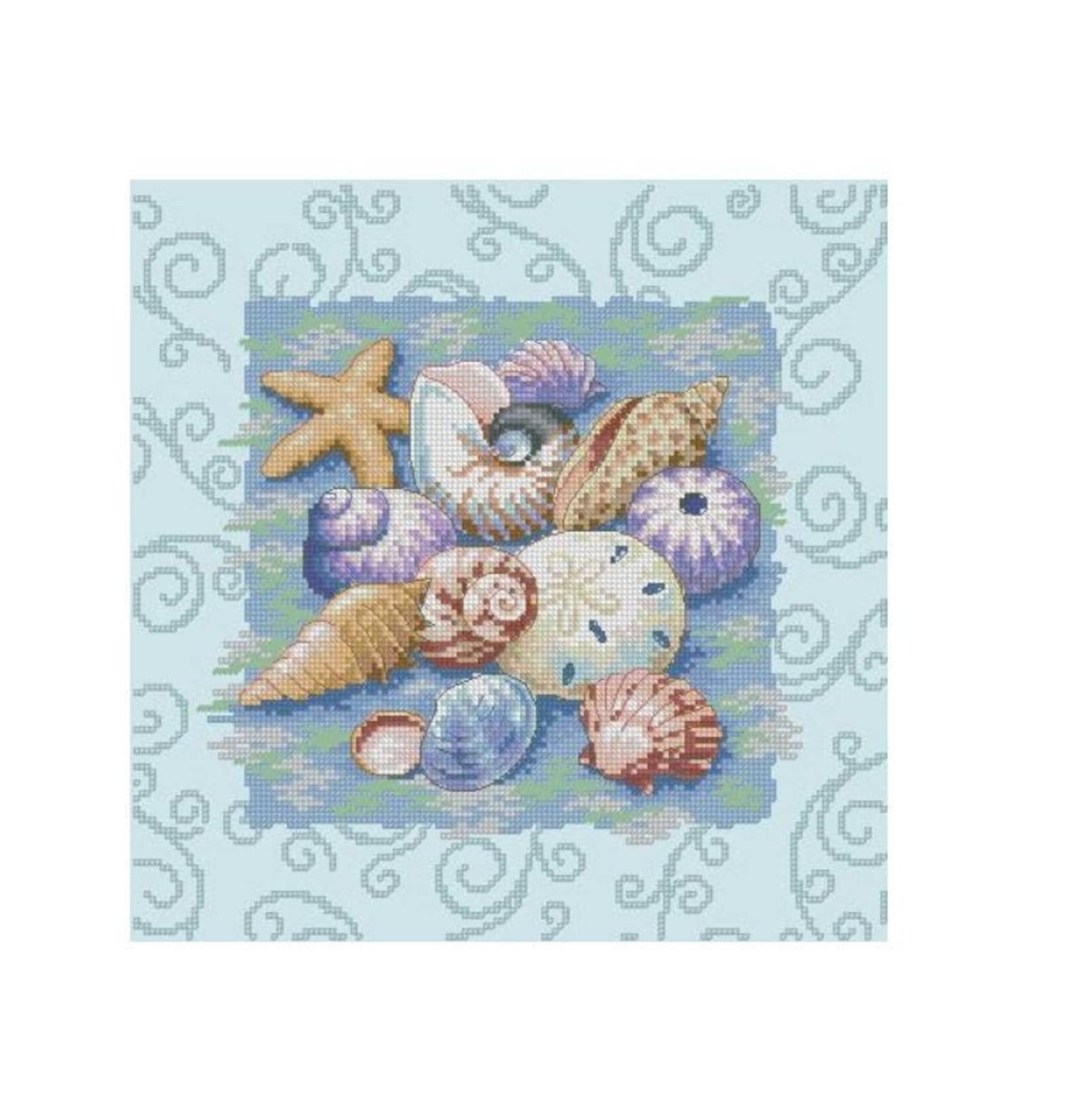 Shells on Blue Sea Ocean Cross Stitch Pattern – Coastal Beach Design ...