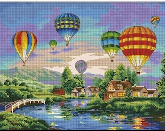 Hermoso patrón de punto de cruz de globos resplandecientes – Diseño de globos aerostáticos coloridos – Descarga digital instantánea en PDF