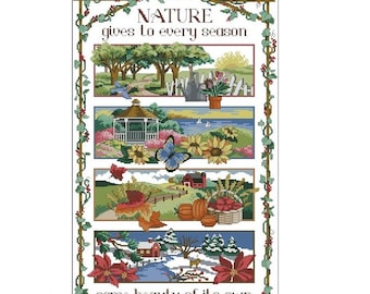Nature Gives Four Seasons Cross Stitch Pattern – Spring, Summer, Fall, Winter Design – Instant PDF Download