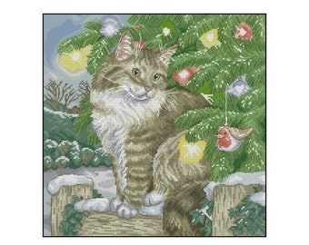 Christmas Cat Playing with Toys Cross Stitch Pattern – Christmas Eve Design – Festive Holiday Instant Digital PDF Download