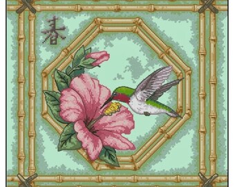 Hummingbird and Bamboo Cross Stitch Pattern – Nature & Tropical Design – Instant Digital PDF Download