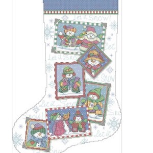 Snowmen Snapshots Stocking Cross Stitch Pattern – Christmas Eve Holiday Scene – Instant PDF Download