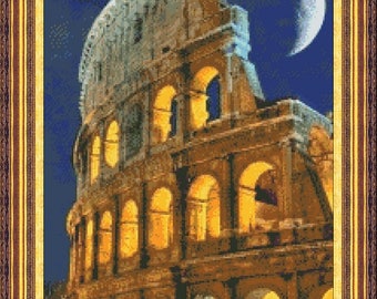 Rome at night | Italy Capital City | Colosseum moon | Cross Stitch Pattern | Instant PDF download