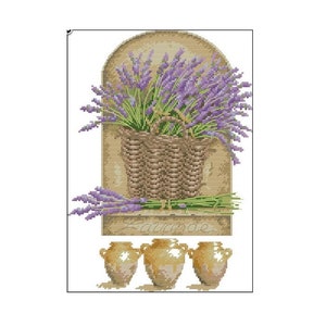 Kreuzstich-Muster - französischer Lavendel im Korb - elegantes Blumendesign - sofortiger digitaler PDF-Download