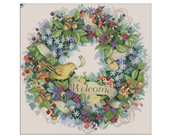 Welcome Wreath with Bird Cross Stitch Pattern – Berry Wreath & Nature Design – Instant PDF Download