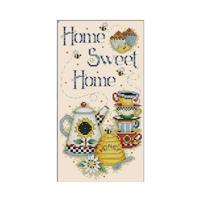 May include: Cross stitch pattern featuring a teapot, cups, a beehive, and cupcakes with the text "Home Sweet Home".