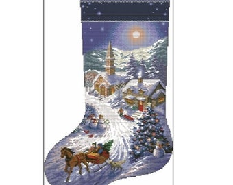 Sleigh Ride Christmas Stocking Cross Stitch Pattern – Holiday Winter Scene Design – Instant Digital PDF Download