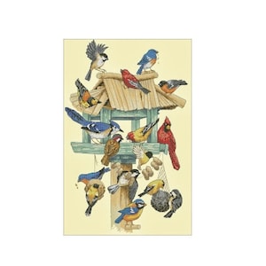 May include: A detailed illustration of a bird feeder, populated by a variety of birds. The image features blue jays, cardinals, and other bird species, all gathered around the feeder. The feeder has a wooden roof and a green base, set against a yellow backdrop.