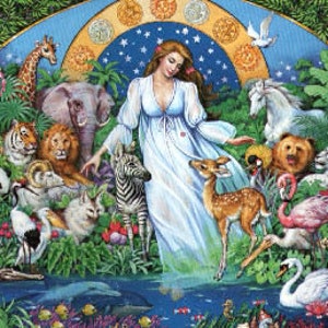 May include: A woman in a white dress stands in a forest with a variety of animals surrounding her. The animals include a zebra, a deer, a lion, a tiger, a bird, a dolphin, and many others. The woman is surrounded by a rainbow and stars.