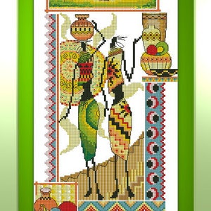 Zwei afrikanische Frauen Kreuzstichmuster - Kulturelles Porträt-Design - Sofortiger digitaler PDF-Download