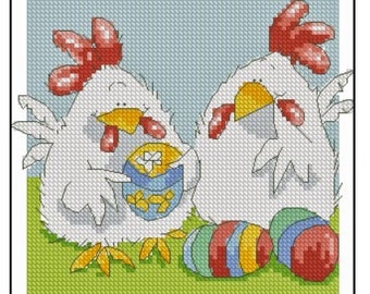 Two Chickens and Egg Easter Cross Stitch Pattern – Spring Holiday Design – Instant Digital PDF Download