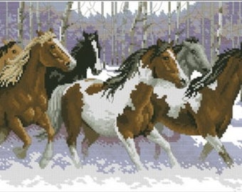 Winter Horse Run Cross Stitch Pattern – Majestic Horse in Snowy Landscape – Instant Digital PDF Download