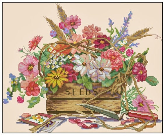 CROSS STITCH CHART SPRING FLOWERS CHART BASKET BLOOMS FLORAL CHART